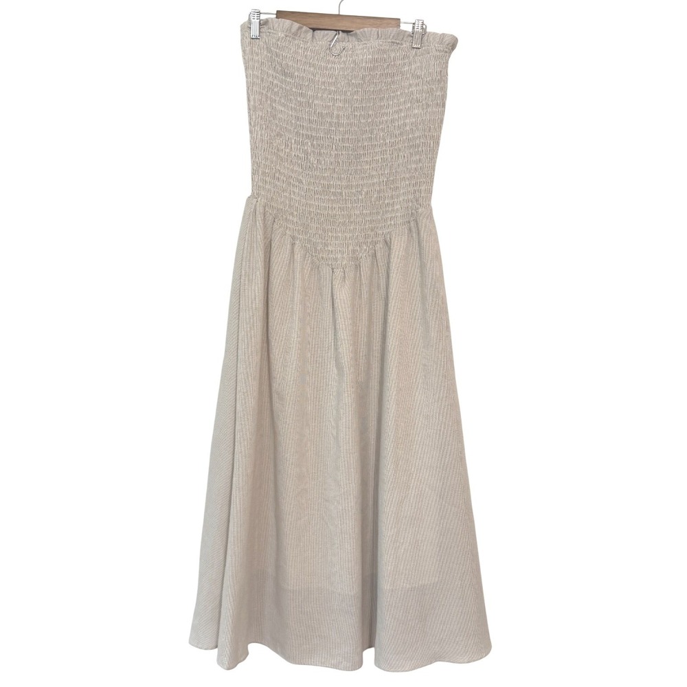 A & She Women's Strapless Dress Basque Waist Ruched Top Beige Striped size M